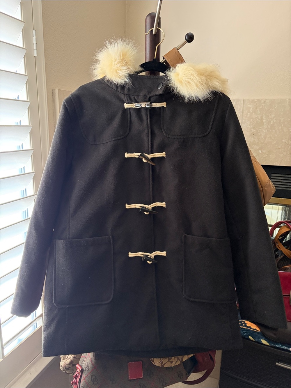 Wool Toggle Coat with Fur Trim - Black